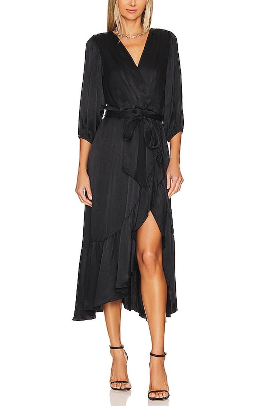 Bobi Chic Black Ruffle Surplice Midi Dress Size S
